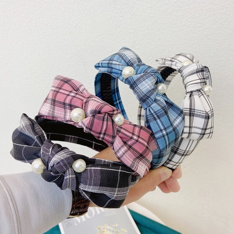 Plaid Knotted Headband Fabric Wide Brim Hair Hoop With Faux Artificial Pearl Decorative Non Slip Elegant Hair Accessory