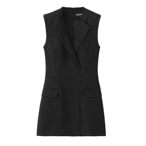 Ärmelloses Blazer Mini Kleid Damen Polyester Spandex V-Ausschnitt Gepolsterte Schulter Reißverschluss Tasche Elegant Schwarz