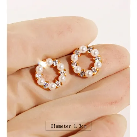 Elegantes Pendientes de Botón de Guirnalda de Cobre Chapados en Oro Con Perla Artificial y Strass para Mujer Joyería