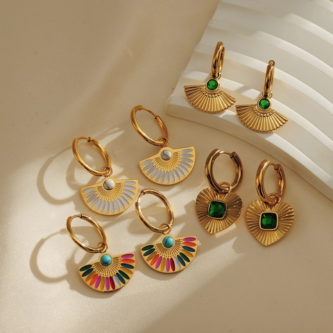 Hoop Earrings With Pendants 18K Gold Plated 316L Stainless Steel Vintage Enamel Heart Fan Fashion Jewelry For Women