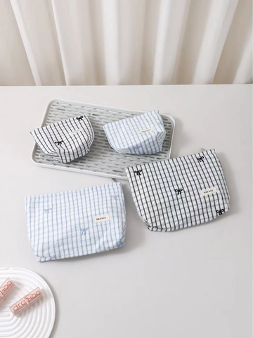 Checkered Plaid Makeup Bag Canvas Storage Pouch With Bow Embroidery Portable Travel Organizer Large Capacity Women
