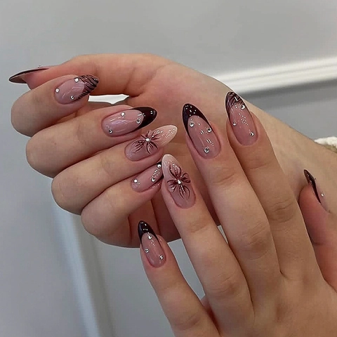Unghie Finte French Tip Press On Nails Lunghe Mandorla ABS Con Strass Fiori 3D Stampa Animale Zebra Per Donna