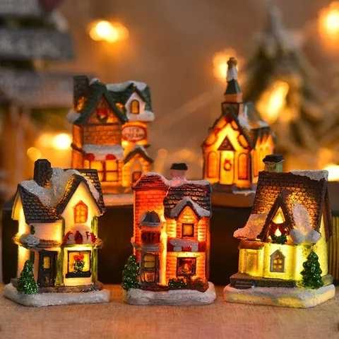 Weihnachts Miniatur Harzhaus Mit LED Licht Schneebedeckte Landschaft Desktop Deko Ornament Festliches Feiertagsgeschenk