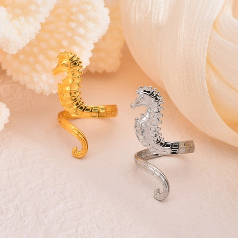 Seepferdchen Offener Ring 18K Vergoldet Edelstahl Verstellbar Ozean Tier Schmuck Für Frauen