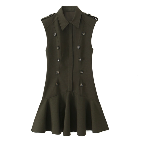 Mouwloze Mini Jurk Militaire Stijl Dames Dubbele Knoopsgat Revers Schouderstukken Ruffle Zoom Legergroen Mode
