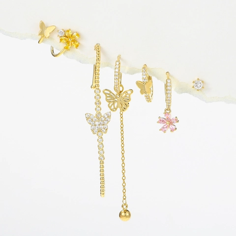 Vlinder Bloem Koper Zirkoon Oorbellen Ear Cuffs Knoppen Met 925 Sterling Zilveren Oorsteker Sieraden Elegante
