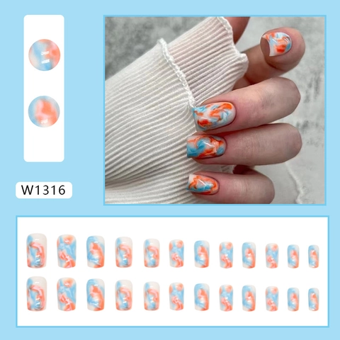 Unghie Finte A Pressione Sfumate Blu Arancione Tramonto Design Marmo Inchiostro Quadrato Rotondo Unghie Artificiali Per Donne Manicure