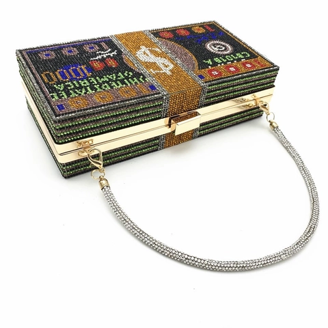 Pochette En Strass En Forme De Pile De Billets Motif Dollar Sac De Soirée De Luxe Sac À Main Rigide Étincelant Avec Chaîne Métallique Amovible Pour Femmes Fête Mariage