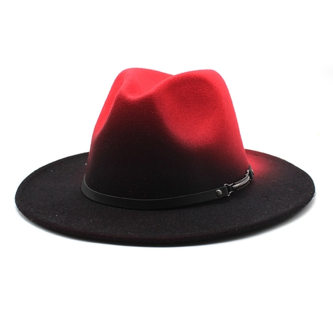 Cappello Fedora Feltro Di Lana Tesa Larga Gradiente Blocco Di Colore Con Cintura In Pelle Fibbia Metallo Stile Jazz Uomo Donna