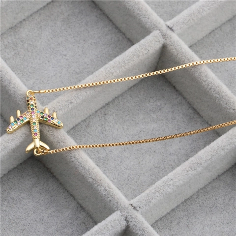 Collana Con Pendente A Forma Di Aereo Rame Micro-Zircone Colorato Strass Arcobaleno Gioielli Di Moda Per Donna
