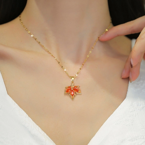Maple Leaf Necklace And Earrings Jewelry Stainless Steel Copper Zircon Elegant Banquet Wedding Accessories For Women