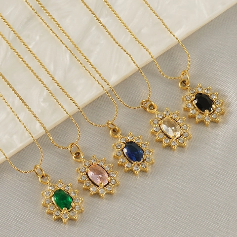 Collar Con Colgante De Girasol Acero Inoxidable Chapado En Oro 18K Circón Ovalado Diamantes De Imitación Joyas Para Mujer