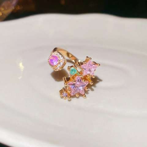 Anello Aperto Stella In Zircone Rosa Elegante In Rame Placcato Oro Regolabile Gioielli Di Moda Per Donne