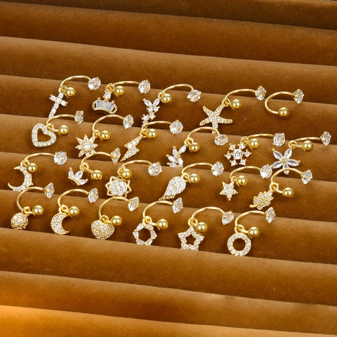 Piercings d'Ombilic en Acier Inoxydable Cuivre Zirconia pour Femmes Or Cœur Lune Étoile Croix Couronne Bijoux de Piercing