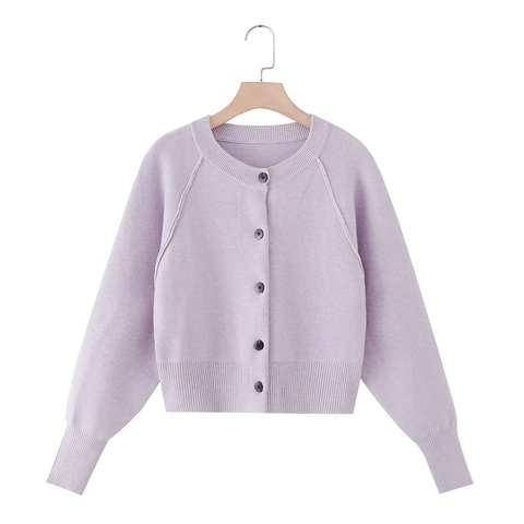 Women Knitted Cardigan Crew Neck Long Sleeve Button Up Light Purple Solid Color Sweet Casual Soft Polyester Blend Outerwear