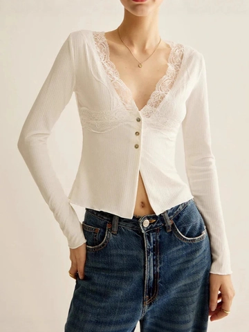Women Long Sleeve T-Shirt V-Neck Lace Trim Ribbed Knit Button Down Slim Fit Sexy Crop Top Spice Girl Style White