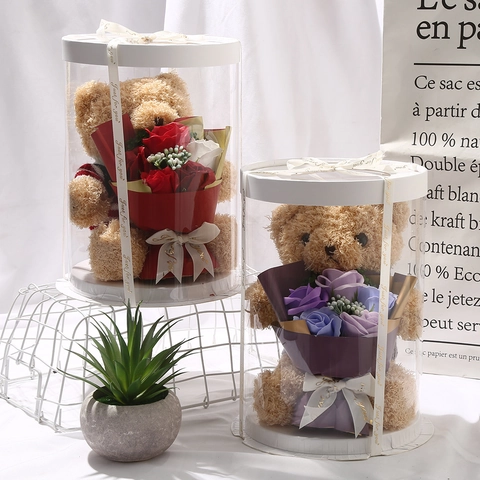 Plush Teddy Bear With Soap Flower Bouquet In Transparent Gift Box Romantic Anniversary Birthday Present For Her