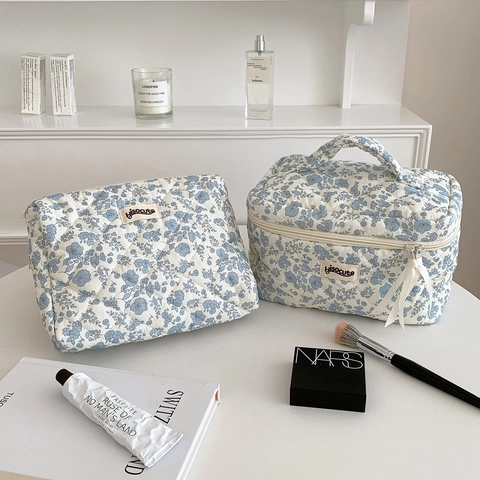 Borsa Da Toilette In Cotone Trapuntato Floreale Grande Capacità Organizzatore Trucco Portatile Pochette Chiusura Lampo Donne Viaggio