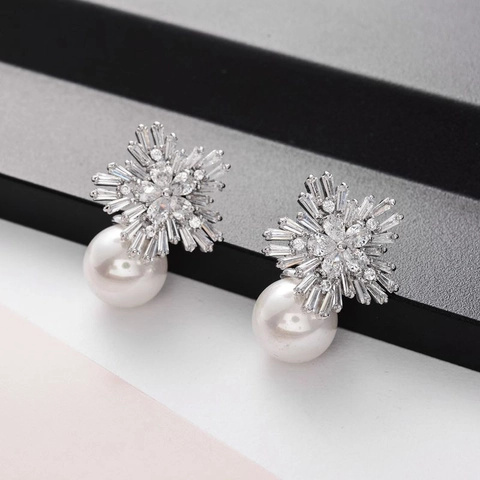 Snowflake Dangle Earrings Zircon Inlaid Artificial Pearl Elegant Women Jewelry With 925 Sterling Silver Earring Post