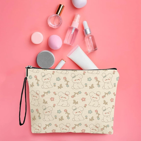 Borsa Da Trucco Con Stampa Di Coniglietto Carino In Lino Fine Pochette Cosmetica Portatile Con Cerniera Per Donna