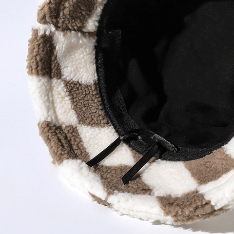 Winter Bucket Hat Faux Lamb Wool Thick Warm Checkerboard Pattern Diamond Lattice Retro Casual Women Windproof