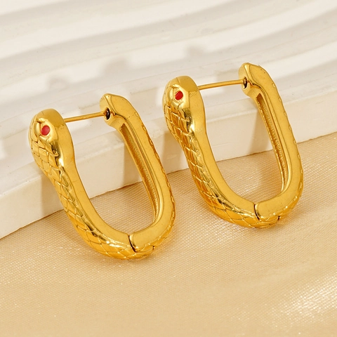 Snake Shaped Hoop Earrings Stainless Steel 18K Gold Plated Serpent Jewelry With Red Eyes Scale Texture Gothic Style For Women
