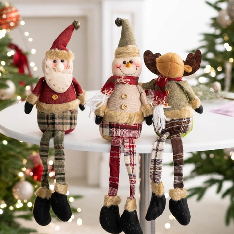 Kerst Pluche Poppen Kerstman Sneeuwpop Rendier Lange Benen Zittende Beeldjes Gebreide Stof Geruite Hoed Tafeldecoratie Cadeau