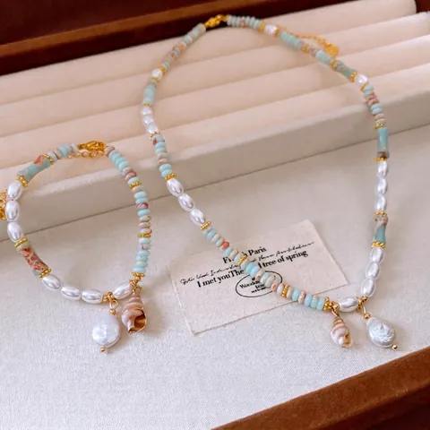 Collar Y Pulsera De Cobre Con Perla De Agua Dulce Piedra Shoushan Colgante Caracol Estilo Bohemio Playa Para Mujeres