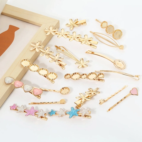 Mollette Per Capelli In Stile Coreano Lega Placcata Oro Cuore Fiore Stella Marina Clip A Becco D'Anatra Per Donne
