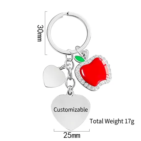 Teacher Appreciation Keychain Metal Red Enamel Apple Rhinestone Heart Pendant Thank You Gift For Educator Mentor