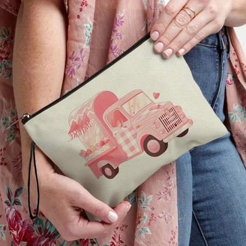 Bolsa De Maquillaje De Lona Neceser Portátil Con Cremallera Y Correa De Muñeca Camión Rosa Estampado De Corazón Para Mujer