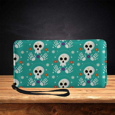 Damen Geldbörse Lang PU Leder Reißverschluss Clutch Mit Handschlaufe Tag Der Toten Totenkopf Blumenmuster Halloween Handtasche