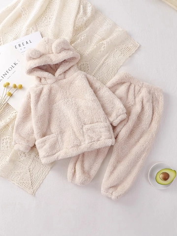 Toddler Bear Ears Hoodie And Pants Fleece Pajama Sleepwear Warm Thickened Loungewear For Boys Girls