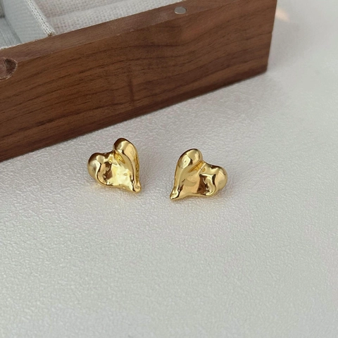 Orecchini A Lobo Cuore Irregolare Argento Sterling 925 Trama Di Lava Liquida Stile Coreano Minimalista