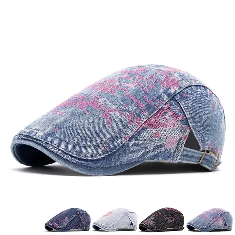 Coppola In Denim Lavato Retrò Per Uomo Donna Con Fibbia In Metallo Regolabile E Motivo A Vernice Distressed