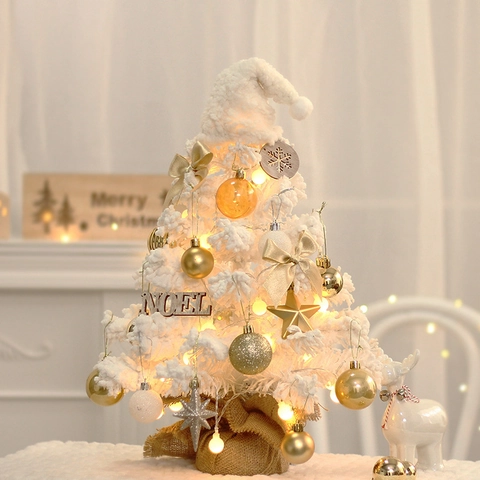 Mini Beflockter Weihnachtsbaum Mit Warmen LED Lichtern Weißer Tischschmuck Sackleinen Basis Für Festival Heim Büro