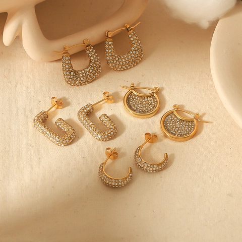Stainless Steel Geometric Hoop Earrings 18K Gold Plated Zircon Inlaid Studs For Women Light Luxury High-End Fashion Jewelry