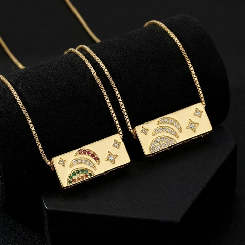 Gold Plated Copper Rectangular Pendant Necklace With Moon Star Zirconia Inlaid Bohemian Neckpiece Jewelry For Women