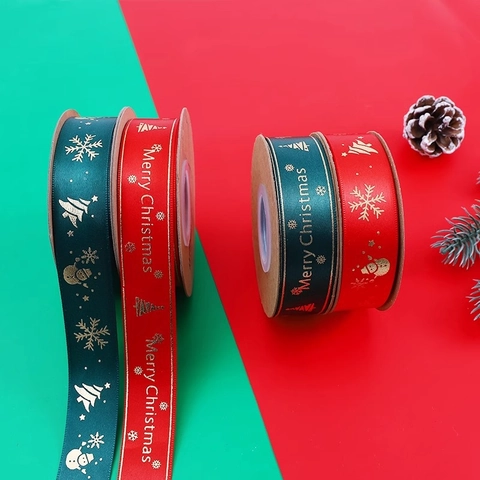 Christmas Ribbon Gold Stamping Pattern Polyester Grosgrain For Gift Wrapping Holiday Floral Decor DIY