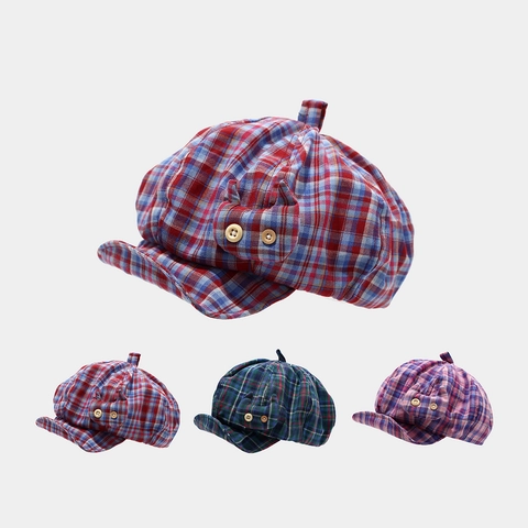 Berretto Scozzese In Cotone Per Donne Bambini Cappello Retrò Con Decorazione Bottone Gatto Stile Dolce