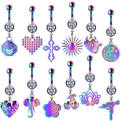 Rainbow Plated Zinc Alloy Belly Rings With Rhinestone Cross Heart Elephant Dangle Body Piercing Jewelry For Women