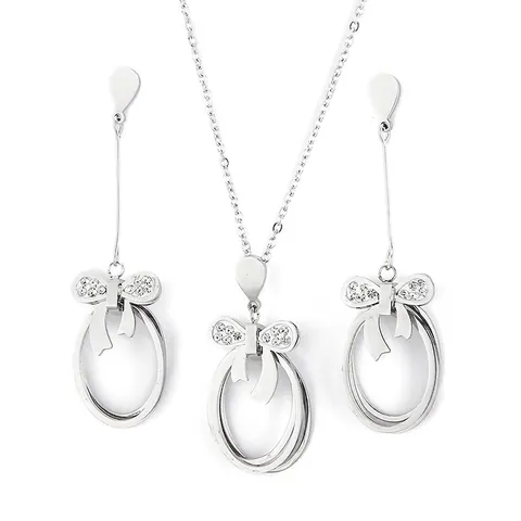 Parure Bijoux Femme Acier Inoxydable Nœud Papillon Strass Évidé Ovale Entrelacé Collier Et Boucle D'oreille