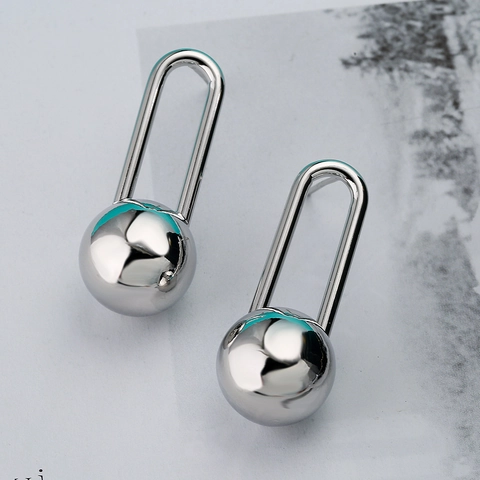 Ball Drop Earrings Copper Polished Smooth Metal U Shape Hook Punk Minimalist Jewelry For Women
