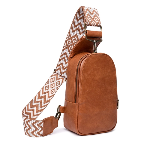Retro Sling Bag PU Leather Bohemian Geometric Woven Strap Adjustable Crossbody Chest Pack For Women Casual Travel