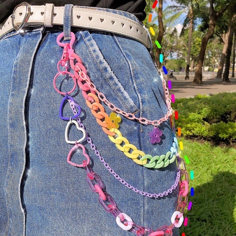 Cadena de Pantalones de Resina de Arcoíris Y2K Punk para Mujer Hip Hop Corazón Flor Cadena de Cintura Desmontable Harajuku Accesorio de Plástico