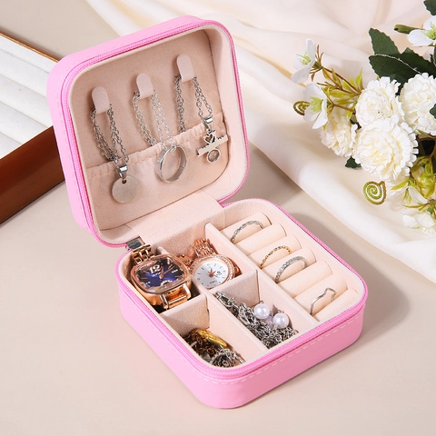 Portable Jewelry Organizer Box PU Leather Square Travel Storage Case With Zipper For Rings Earrings Necklaces