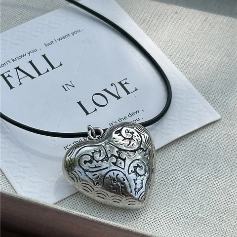 Vintage Carved Heart Pendant Necklace With Black Wax Rope Adjustable Cord Bohemian Ethnic Jewelry For Women