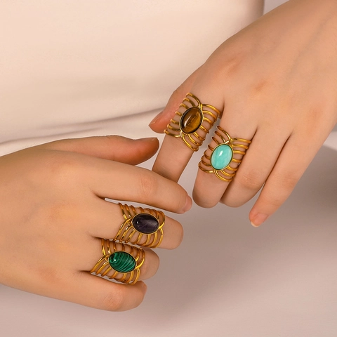 Vintage Mehrschichtige Holle Ringe Edelstahl Mit Türkis Malachit Edelstein Verstellbarer Schmuck Für Frauen