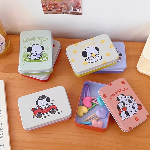 Cute Cartoon Dog Tinplate Storage Box Portable Rectangular Metal Jewelry Organizer Case For Desktop Stickers Stationery