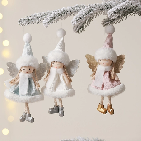Christmas Angel Doll Hanging Ornaments Plush Knit Wood Fairy Girl Pendant For Xmas Tree Decor Glitter Wings Soft